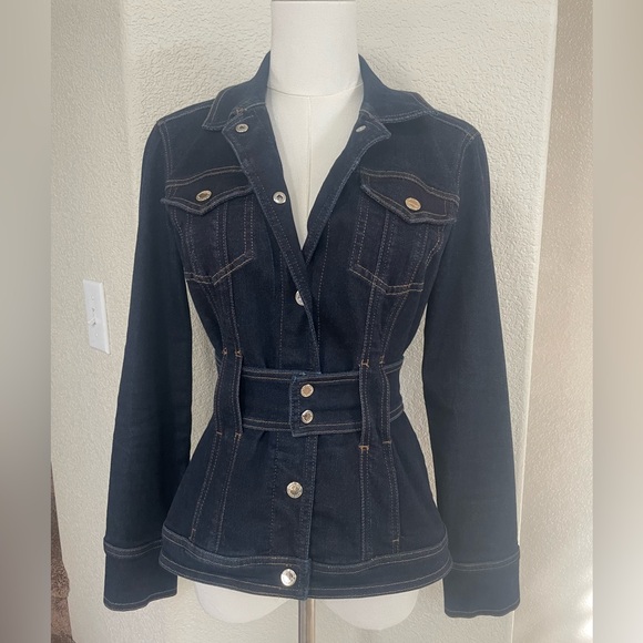 White House Black Market Dark Denim Corset Jacket | Sculpted Waist, Belted - Picture 2 of 15